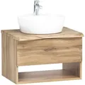 Produktbild: Lomadox - Waschtischunterschrank mit Keramik Waschbecken KAHLA-03 in Wotan Eiche Nb., Abdeckplatte mit Baumkantenoptik, b/h/t: ca. 61/54,5/52 cm