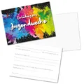 Produktbild: younikat 15 Einladungskarten zur Jugendweihe mit bunten Farbflecken - DIN A6 2 Seiter Querformat - Regenbogen Farbkleckse - Set mit 15 Umschlägen - dv1185