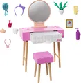 Produktbild: Barbie Mobilier HJV35 Puppenhaus-Möbel-Set mit Eitelkeits-Thema, Spiegel, Hocker und Beauty-Produkte