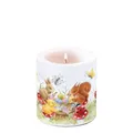 Produktbild: Ambiente Kerze Frühling Malkurs für Tiere als Tischdeko. Motivkerze rund klein für den gedeckten Tisch Ø7,5 x 9cm
