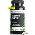 Produktbild: natural elements Vitamin D3 + K2 – > 99,7% all-trans MK-7 & 2000 IE Vitamin D3 – 240 Tabletten – hochdosiert, optimal bioverfügbar – ohne unnötige Zusätze – in Deutschland produziert