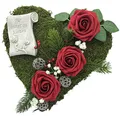 Produktbild: Radami Grabgesteck Grabschmuck Grabaufleger Moosherz Grabherz Trauerherz Grab Herz Gesteck Rosen mit Schriftrolle Für Immer im Herzen (Rosen Rot)