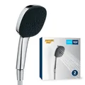 Produktbild: GROHE Vitalio 110, Duschkopf mit Schlauch, 14l pro Min (Handbrause 2 Strahlarten, Universalanschluss, Silikonring schützt bei Stürzen, Duschbrause mit Duschschlauch 1,5m), eckig, chrom, 26973001