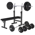 Produktbild: GORILLA SPORTS® Hantelbank - inkl. Hantelset 38/70/100kg, Ablage, Dip-Station, Höhenverstellbar, Klappbar, bis 200kg, Schwarz/Weiß - Trainingsbank mit Langhantelset, Drückerbank, Schrägbank, Flachbank