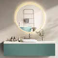 Produktbild: HOKO Design Badspiegel rund 60 cm Riga mit Metall Rahmen Gold. Runder Wandspiegel Energiesparend LED beleuchtet, Touch Schalter,Lichtfarbe Wechsel-Warmweiß-Kaltweiß-Neutral