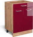 Produktbild: Vicco Küchenunterschrank R-Line, 60 cm mit Schublade, ohne Arbeitsplatte, Rot Hochglanz/Goldkraft Eiche