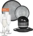 Produktbild: Melamin Camping Geschirr Set 4 Personen Stone Grey + 4 Tiamo Champgner Gläser Flûtes Tafelgeschirr Picknick BBQ Kochgeschirr