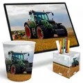 Produktbild: itenga SET Papierkorb Schreibunterlage und Stifteköcher mit Motiv - Papierkorb für Kinder mit Motiv - rund ca. 11 Liter passende Schreibtischunterlage und Schreibtisch Organizer (Motiv Traktor)