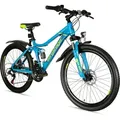 Produktbild: Bergsteiger Broome 24 Zoll Kinderfahrrad, Shimano 21 Gang-Schaltung, StVZO, Mountainbike mit Vollfederung, Scheibenbremsen & Dynamo-Licht, geeignet... - Blau/Grün