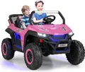 Produktbild: GOPLUS 12V Kinder Elektroauto, 2-Sitzer Kinderfahrzeug mit 2,4 GHz Fernbedienung, Scheinwerfer, Musik, Coolen Lichteffekten & Aufbewahrungstasche, für 3-8 Jahre (Rosa)