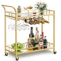 Produktbild: VASAGLE Servierwagen, Rollwagen, Gläserhalter, 2 verspiegelte Glasablagen, Barwagen, Weinwagen, für Küche, Esszimmer, Bar, goldfarben LRC090A03