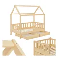 Produktbild: Juskys Kinderbett Marli 80 x 160 cm mit Bettkasten, Gitter, Lattenrost & Dach - Holz Hausbett Natur