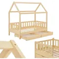 Produktbild: Kinderbett Marli 80 X 160 Cm Mit Bettkasten 2-teilig, Rausfallschutz, Lattenrost & Dach - Massivholz Hausbett Für Kinder - Bett In Natur - Juskys