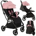 Produktbild: MoMi PAOLA – Kompakter Reisebuggy mit Automat-Faltung, PolyurethanRädern & 4-Rad Federung, verstellbare Rückenlehne & Fußstütze, bis 22 kg – Rosa
