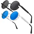 Produktbild: Chritice 2 Stück Steampunk Brille Retro Sonnenbrille Herren Rund Retro Sonnenbrille Rund Vintage Sonnenbrillen Herren Polarisiert UV400 Schutz Sunglasses Men Sonnenbrillen Damen Blaue Und Grau Gläser
