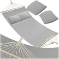 Produktbild: tectake® Doppel Hängematte Outdoor, XXL Stoff Schaukeltuch, Sonnenliege 2 Personen inkl. Kissen, Schaukel Outdoor mit Liege Fläche ca. 230x145cm, bis 240kg belastbar, Hängeschaukel - hellgrau