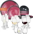 Produktbild: Melamin Camping Geschirr Set 4 Personen Stone Red + 16 Milano Gläser Wassergläser Weingläser Champagner-Gläser Flûtes Tafelgeschirr Picknick BBQ Kochgeschirr