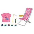 Produktbild: BABY born 832790 Weekend Fischen - Puppenzubehör Angel-Set mit bunt bedruckten Liegestuhl mit Ablagetischchen, Flasche, Korb, Enten und Angel sowie pinkem Longshirt, Pink