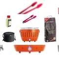 Produktbild: LotusGrill S Small Kompakt Starter-Set Mandarinenorange raucharme Holzkohlegrill mit 2,5 kg Buchenholzkohle, 200 ml Brennpaste, 1x Zange (Farbe nach