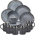 Produktbild: Melamin Geschirr Set Grau 6 Personen 24 Teile Edelstahl Thermo Tassen ideal