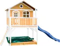 Produktbild: AXI Spielhaus Marc mit Sandkasten & blauer Rutsche | Stelzenhaus in Braun & Weiß aus Holz für Kinder | Spielturm mit Wellenrutsche für den Garten