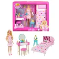 Produktbild: Barbie Schlafzimmer-Spielset - Puppe, Bett, Schminktisch, Kätzchen und 20 Zubehörteile kreatives Spielen, inklusive flauschigem Bademantel und Hausschuhen, für Kinder ab 3 Jahren, HPT55