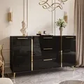 Produktbild: Kommode mit Schubladen ONYX auf goldenen Beinen Hochglanz 158 cm Schwarz Schwarz Hochglanz mit Griffen - Schwarz