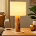 Produktbild: Tischleuchte Tischlampe Holzleuchte Schlafzimmerlampe braun Textil LED H 32 cm