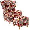Produktbild: Supellex Ohrensessel »Sofia«, Design Schwedisch-Landhaus Patchwork, Elch, Hirsch, rot (Design-Nr.: 5101), wahlweise mit Hocker