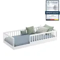 Produktbild: CADANI Timi Bodenbett 90x200 cm, bis 200 kg belastbar, Rausfallschutz abnehmbar, Montessori Kinderbett aus Kiefer Massivholz inkl. Roll-Lattenrost, Weiss