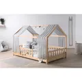 Produktbild: TiCAA TiCAA Kinderbett Hausbett mit Tüll Kim 90x200 cm, 100x200 cm, 120x200 cm, 140x200 für Jungen & Mädchen, inkl. Rolllattenrost, Rausfallschutz variabel, Montessori Bett Natur aus Kiefer Massivholz
