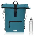 Produktbild: Elephant Rucksack Herren Plane Time Bag Kurierrucksack Roll-Top Fahrradrucksack Sport Fitness Damen 23 Liter A4 12821 + Flasche (12825 Petrol Uni)