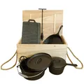 Produktbild: Gusseisen Koch- und Grillset, 7-teilig in Holzkiste, für Feuerstelle
