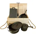 Produktbild: Gusseisen Koch- und Grillset, 7-teilig in Holzkiste, für Feuerstelle