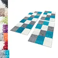Produktbild: Carpettex Bettumrandung Schlafzimmer 3teilig Shaggy Teppich Hochflor Karo Muster Türkis Bettset:2 mal 80x150 + 1 mal 80x250 - Bettvorleger Schlafzimmer Läuferset Weicher Langflor Bettumrandung Teppich