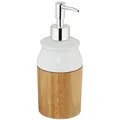Produktbild: Relaxdays Seifenspender, nachfüllbar, Lotionsspender m. Pumpkopf, Bambus & Keramik, Bad, Pumpspender, 225 ml, natur/weiß