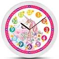 Produktbild: K&L Wall Art rosa Kinder Wanduhr für Mädchen lautlose Einhorn Prinzessin Lernuhr 30cm groß Blumen Kinderuhr Lernzifferblatt 30cm