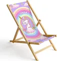 Produktbild: Kinder Holz-Liegestuhl Personalisierbar Klappbar Klappliegestuhl Sonnenliege Strandstuhl Wechselbezug Motiv Einhorn Unicorn [119]