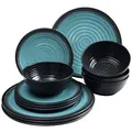 Produktbild: Melamin Geschirrset für 4 Personen - 12 Teile elegante Steingut Optik in blau - Essgeschirr Campinggeschirr Picknick Camping Outdoor