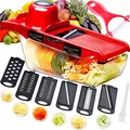 Produktbild: Gemüseschneider Mandoline,Gemüsehobel Schneider,Vegetable Chopper,Lebensmittel Shredder,Reibe Hacker,6 Austauschbare Edelstahl Scharfe Klingen mit Schäler,Cutter für Kartoffel,Tomate,Zwiebel,Käse