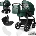 Produktbild: Bergsteiger Capri Kombikinderwagen 3-in-1 – Babywanne, Sportsitz & i-Size Babyschale, Luftreifen, Federung, höhenverstellbarer Griff, faltbar, Z... - Grün/Grau