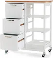 Produktbild: GOPLUS Küchenwagen mit Stauraum, Servierwagen auf Rädern mit 3 tiefen Schubladen, offenen Regalen & Herausnehmbarem Tablett, Rollwagen (Weiß)