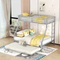 Produktbild: okwish Etagenbett mit 1*Matratze140X200 Kinderbett Hausbett Bettgestell für Kinder, Metallbett mit 4 Ablagefächern und einer Schreibtischplatte,Silber