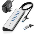 Produktbild: REAGLE 10-Port HUB, USB 3.2 mit 100 cm Kabel für Desktop, 10in1, 7X USB-A und 3X USB-C, 36W, Plug and Play, Aluminium USB Verteiler 5Gbps, für PC, Laptop, MacBook, U-Disk, Maus