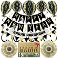 Produktbild: Premium Wiederverwendbare Silvester Deko 2026 - 5-in-1-Banner Schreibt Happy New Year, Happy Birthday + mehr, Schnelle Montage mit Klett - Silvester Party Deko / Schwarz Gold Partydeko