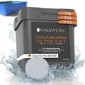 Produktbild: NASSWERK Chlortabletten für Pool 5 in 1 (5kg) | 200g Pooltabs Multitabs 5 in 1 mit Chlor, Algizid, pH Stabilisator, Flockungsmittel & Reiniger | Langzeit Multitabs Pool 200g für optimales Poolwasser