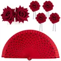 Produktbild: BOFUNX Flamenca Haarschmuck Rose Blumen Haarkamm Haarspange + Rose Blume Haarnadel + Rot Handfächer für Braut Brautjungfer Hochzeit Tanzen Partys