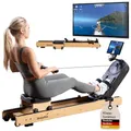 Produktbild: Skandika Rudergerät Rovek | Rudermaschine Holz, Rudergerät für Zuhause klappbar, Magnetwiderstand mit 32 Stufen, Kinomap App kompatibel, aufstellbar, bis 195 cm (Hellbraun)