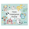 Produktbild: Papierdrachen Hochwertiges Freundebuch für Kinder - Kindergartenfreunde - Türkis - Poesiealbum mit Astronaut, Zirkusmotiven & Dino - für 27 Freunde - buntes kindgerechtes Design