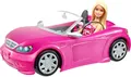 Produktbild: Barbie Puppe und Cabrio in rosa mit Glitzer, realistische Reifen Logo, Spielzeug ab 3 Jahren, DJR55